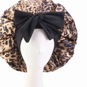 Leopard Print Satin Hair Bonnet with Black Bow